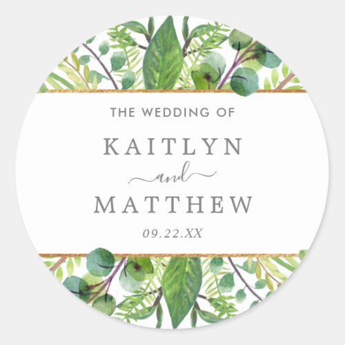 The Greenery & Gold Wedding Collection Classic Round Sticker