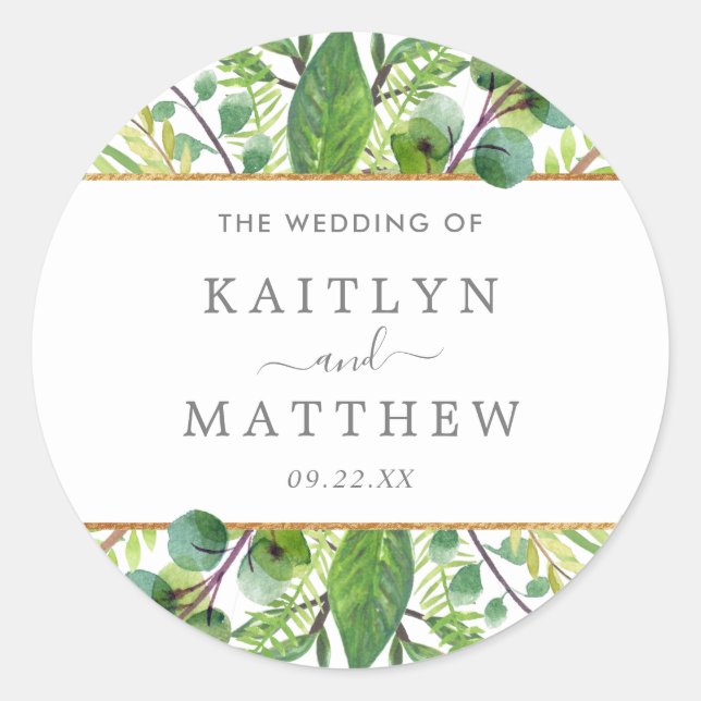 The Greenery & Gold Wedding Collection Classic Round Sticker (Front)