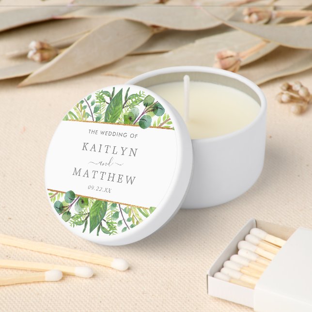 The Greenery & Gold Wedding Collection Mini Candle Favors (Insitu)