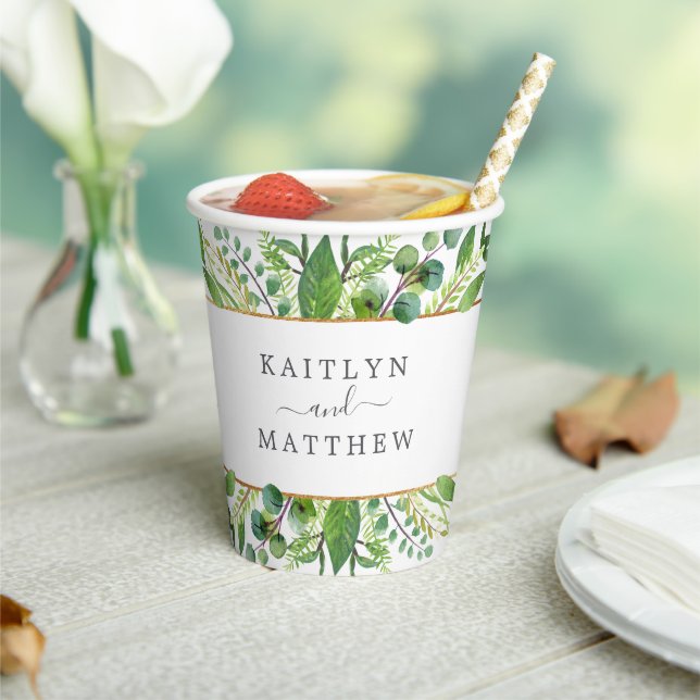 The Greenery & Gold Wedding Collection Paper Cups (Insitu)