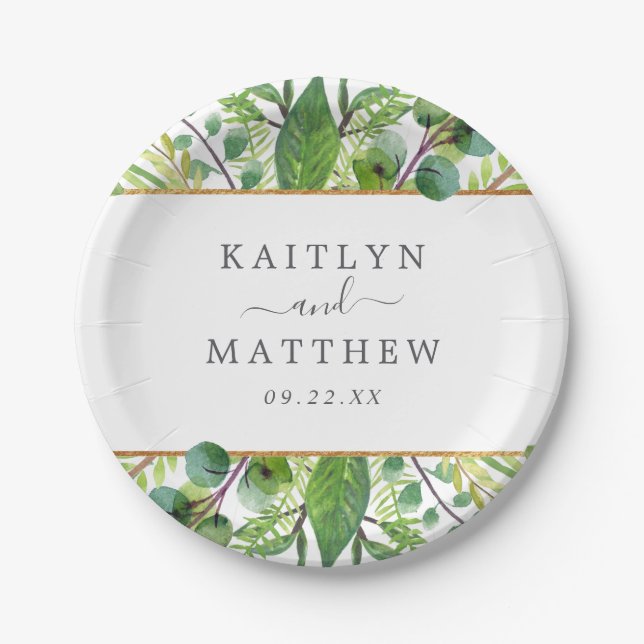 The Greenery & Gold Wedding Collection Paper Plates (Front)