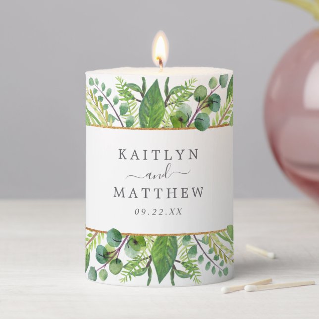 The Greenery & Gold Wedding Collection Pillar Candle (In Situ)