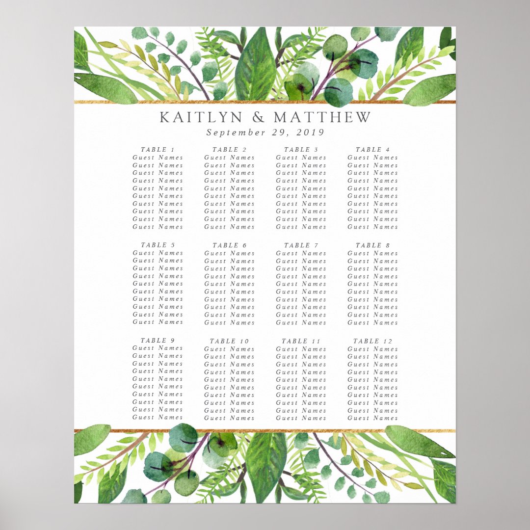 The Greenery & Gold Wedding Collection Table Plan Poster Zazzle