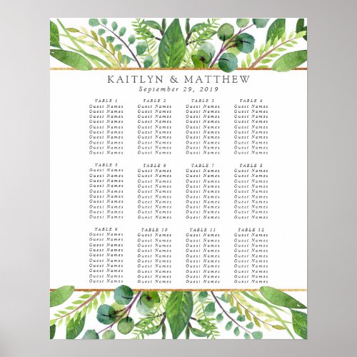 The Greenery & Gold Wedding Collection Table Plan Poster