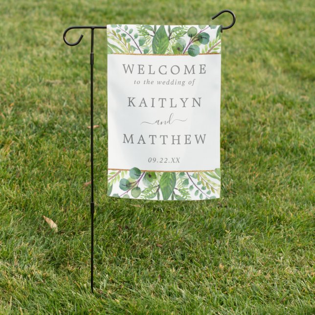 The Greenery & Gold Wedding Collection Welcome Garden Flag (In SItu)