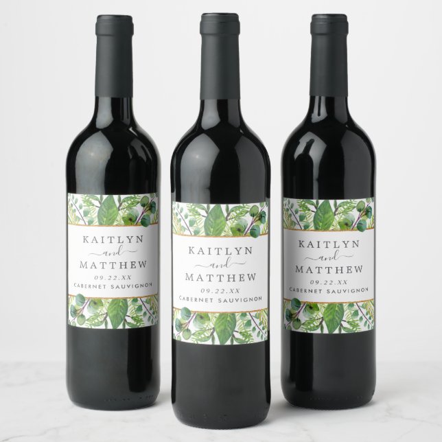 The Greenery & Gold Wedding Collection Wine Label (Bottles)