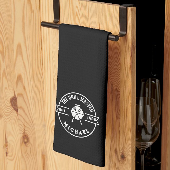 The Grill Master Established Year Custom Name  Kitchen Towel (grill master table linens fathers day birthday christmas gift bbq elegant unique black and white dad)