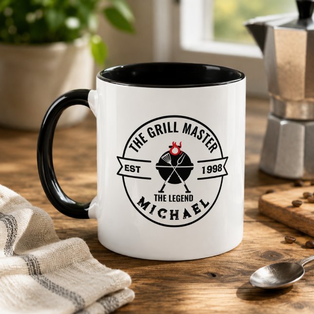 The Grill Master Established Year Name Flame Mug (master of the grill kitchen dining for him grandfather bbq dad chef cooking cook foodie grilling)