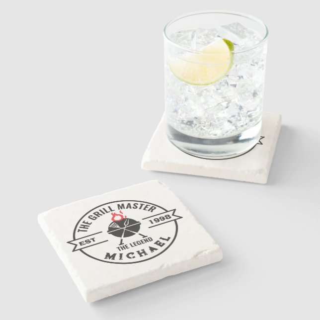 The Grill Master Established Year Name Flame Stone Coaster (Side)