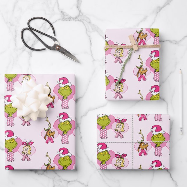 The Grinch Crew in Pink Valentine's Portrait Wrapping Paper Sheets (Front)