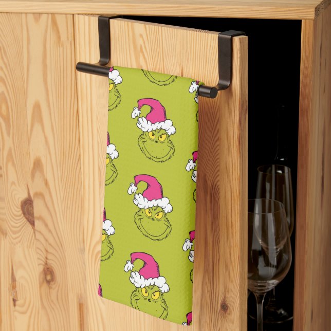 The Grinch in Pink Santa Hat Kitchen Towel (Thirds Fold)