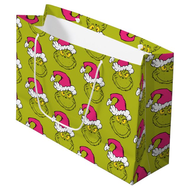 The Grinch in Pink Santa Hat Large Gift Bag (Front Angled)