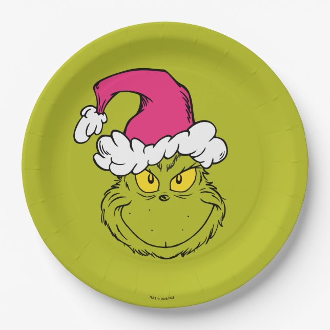 The Grinch in Pink Santa Hat Paper Plates (Front)