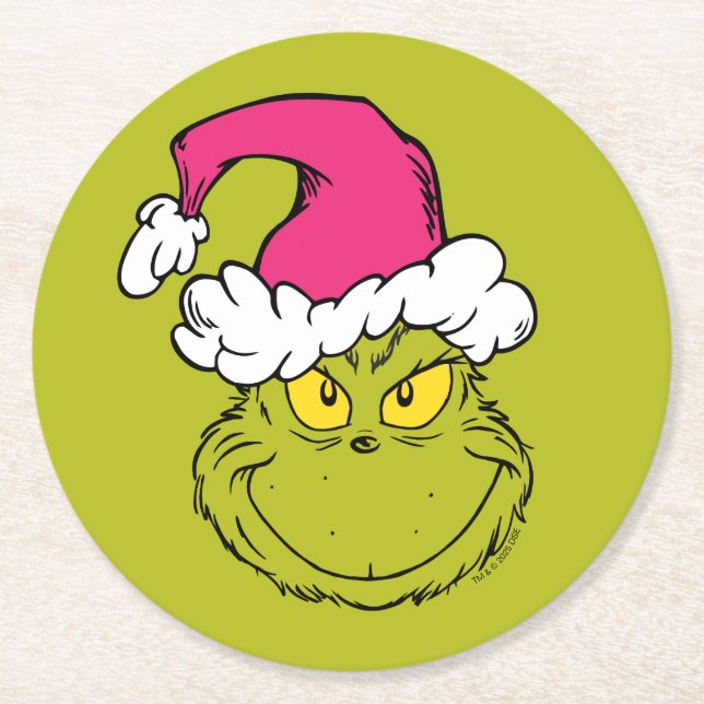 The Grinch in Pink Santa Hat Round Paper Coaster (Front)
