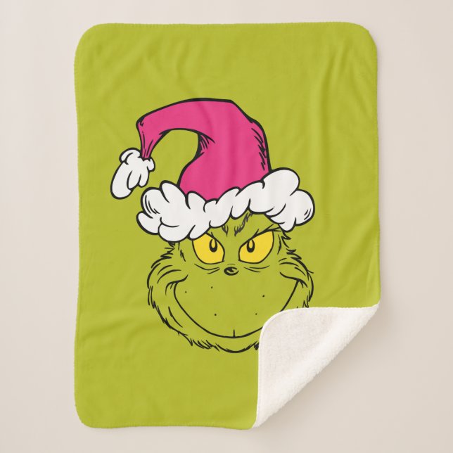 The Grinch in Pink Santa Hat Sherpa Blanket (Front)
