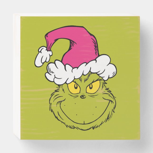 The Grinch in Pink Santa Hat Wooden Box Sign (Front Horizontal)