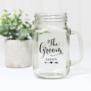 The Groom Black Script Boho Wedding Custom Name Mason Jar