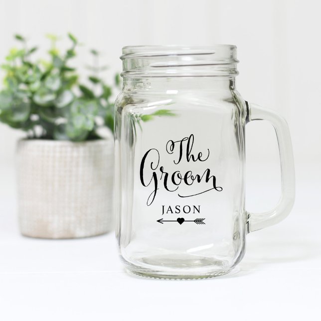 The Groom Black Script Boho Wedding Custom Name Mason Jar (Creator Uploaded)