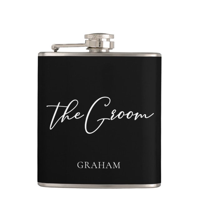 The Groom Chic Black White Wedding Modern Custom Flask (Front)