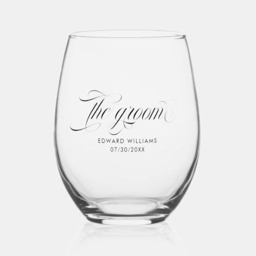 The Groom Elegant Black  Script Typography Stemless Wine Glass