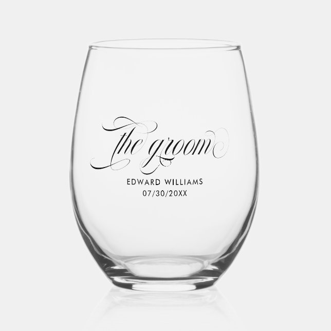 The Groom Elegant Black  Script Typography Stemless Wine Glass (Front)