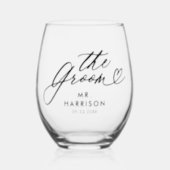 The Groom Elegant Script Grooms Name Wedding Date Stemless Wine Glass (Front)