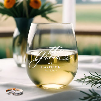 The Groom Elegant Script Grooms Name Wedding Date Stemless Wine Glass