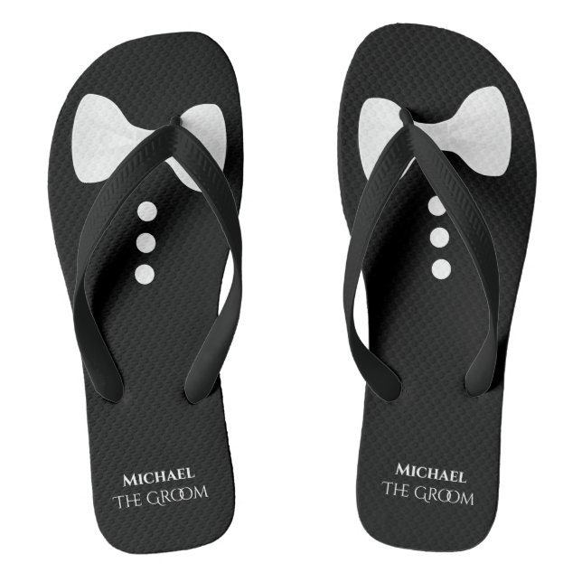 The Groom. Fun White Bow Tie & Buttons Wedding Flip Flops (Footbed)