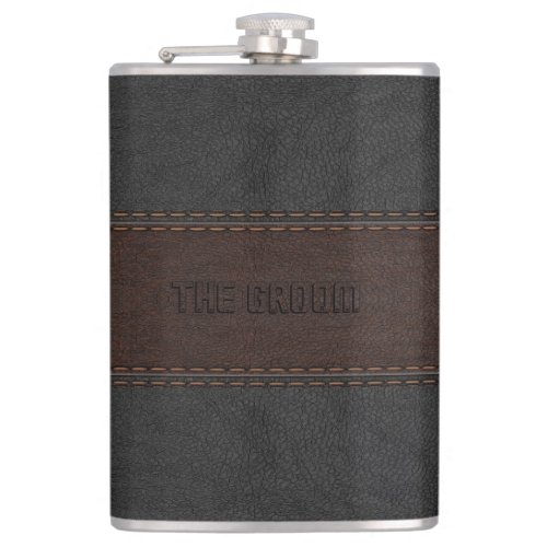 The Groom Masculine Brown  Black Leather Texture Hip Flask