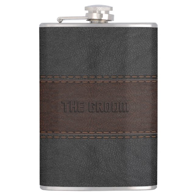 The Groom Masculine Brown & Black Leather Texture Hip Flask (Front)