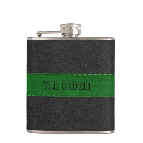 The Groom Masculine Green  Black Leather Texture Flask