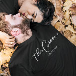 The Groom Personalized Chic Modern Bachelor Party T-Shirt<br><div class="desc">This chic,  simple groom black t-shirt features your name underneath elegant white typography reading The Groom. Customize these elegant,  modern bridal tees for your wedding events or bachelor party.</div>