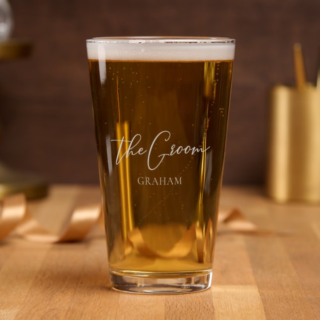 The Groom Personalized Modern Bachelor Party Pint Glass (Party)