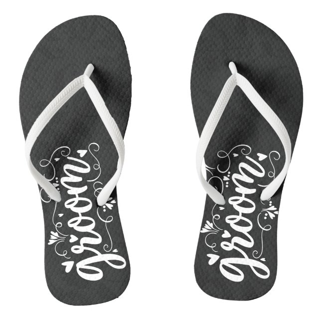 The Groom White Script Typography on Black Flip Flops (Footbed)