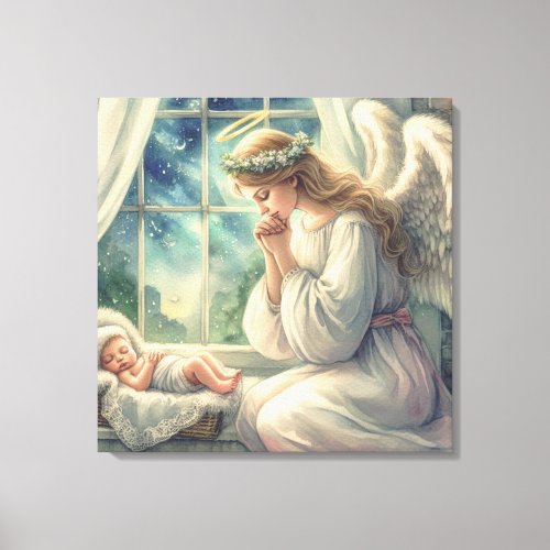the guardian angel prays by the babys cradle  canvas print