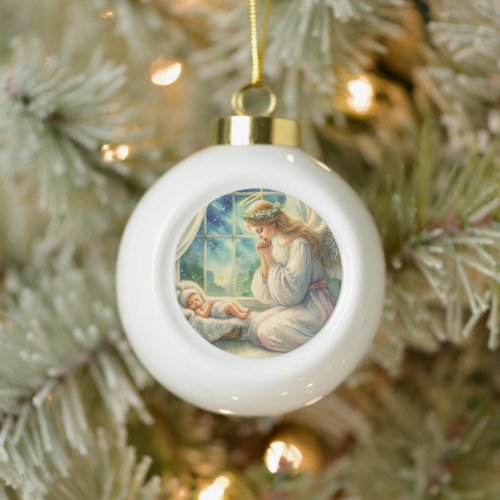 The guardian angel prays by the babys cradle ceramic ball christmas ornament