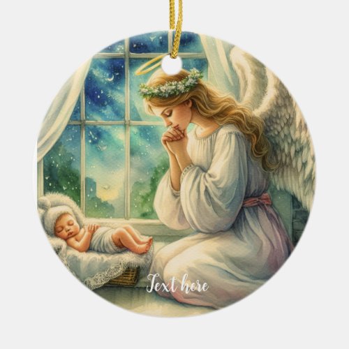 the guardian angel prays by the babys cradle ceramic ornament
