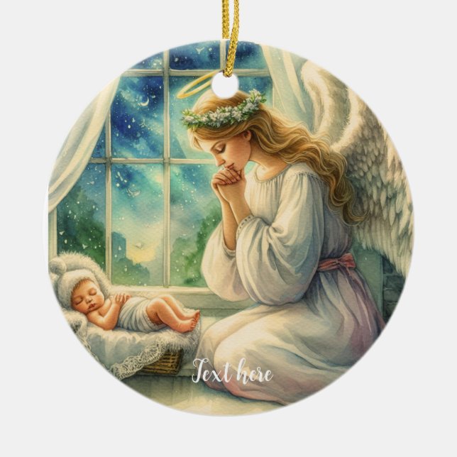 the guardian angel prays by the baby's cradle ceramic ornament (Front)