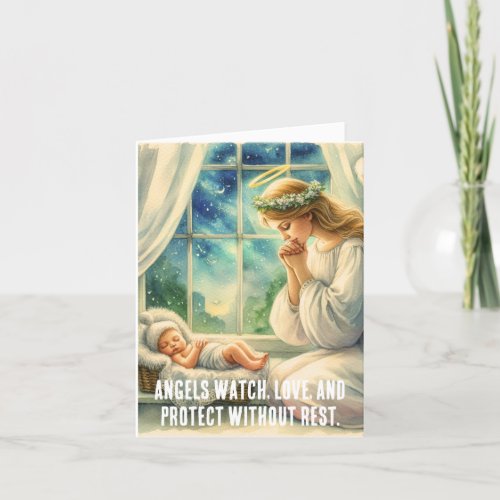 the guardian angel prays by the babys cradle holiday card