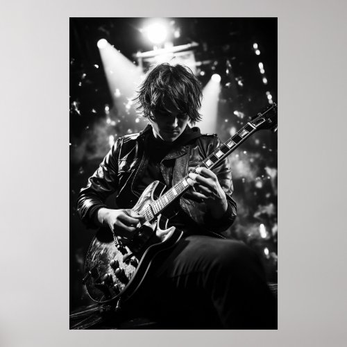 The guitarist on stage BW photo Poster