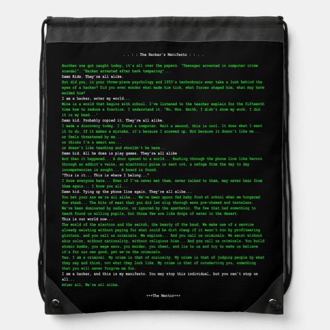 The Hacker's Manifesto Drawstring Bag (Front)