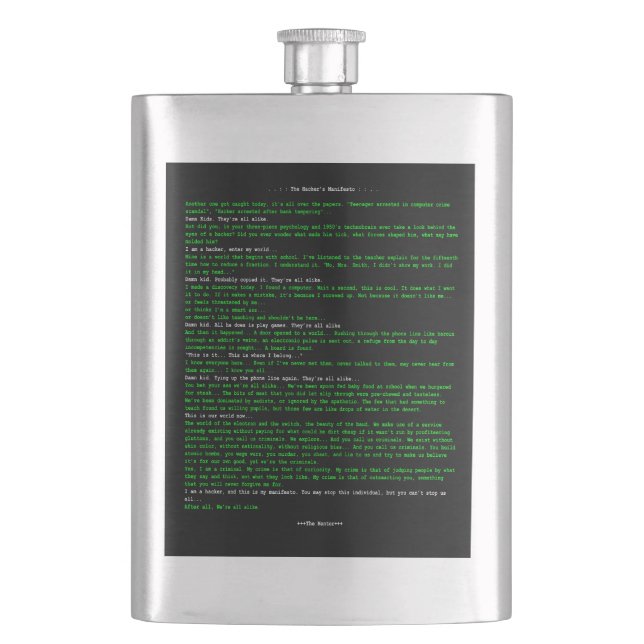 The Hacker's Manifesto Flask (Front)