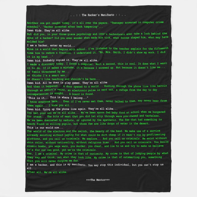 The Hacker's Manifesto Fleece Blanket (Front)