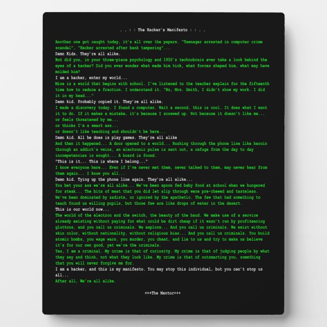 The Hacker's Manifesto Plaque (Front)