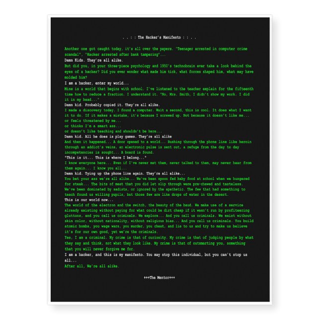 The Hacker's Manifesto Temporary Tattoos (Front)