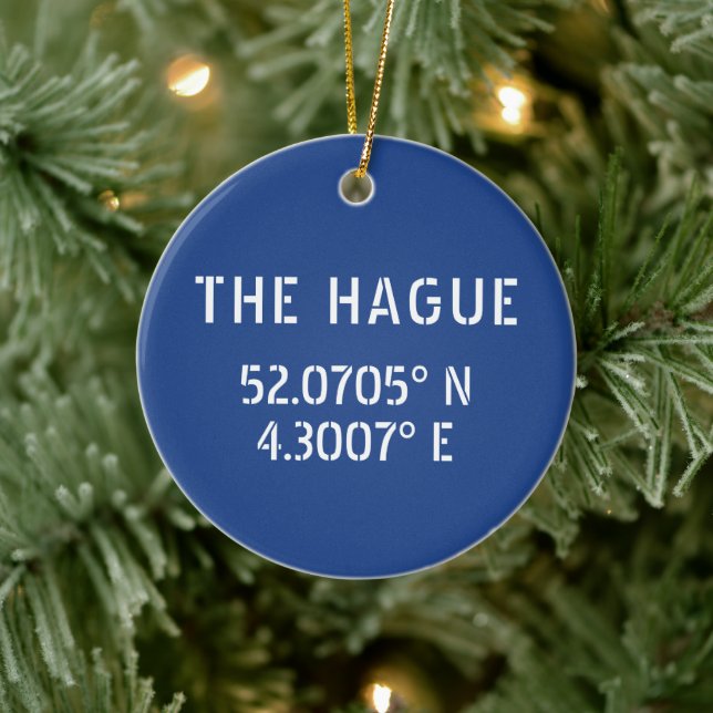 The Hague Latitude Longitude Blue Ceramic Ornament (Tree)