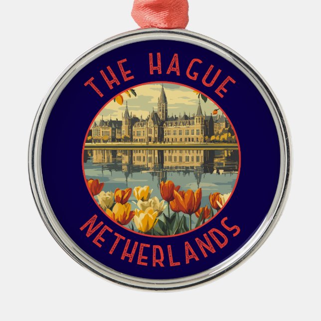 The Hague Netherlands Retro Distressed Circle Metal Ornament (Front)