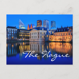 The Hague skyline at blue hour text postcard