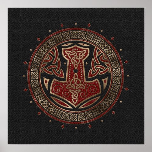 The hammer of Thor Black Red Leather and gold Poster