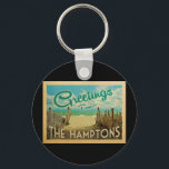 The Hamptons Keychain Beach Vintage Travel<br><div class="desc">This Greetings From The Hamptons vintage postcard design features a sandy beach with a beautiful turquoise ocean water and above the sea,  a blue sky with billowy white clouds. In vintage travels style.</div>